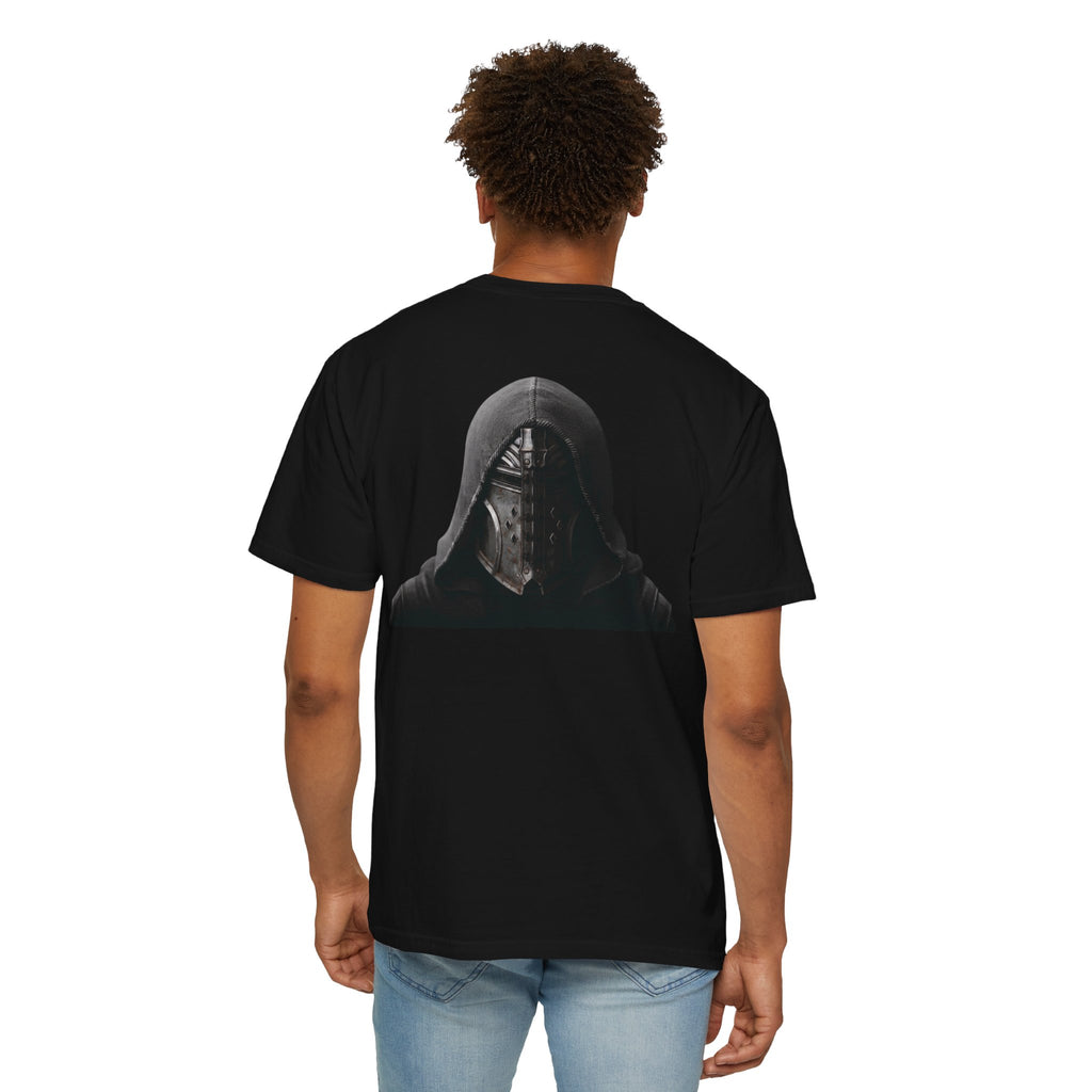 Hooded Knight Graphic T-Shirt — Dark Medieval Mask Design