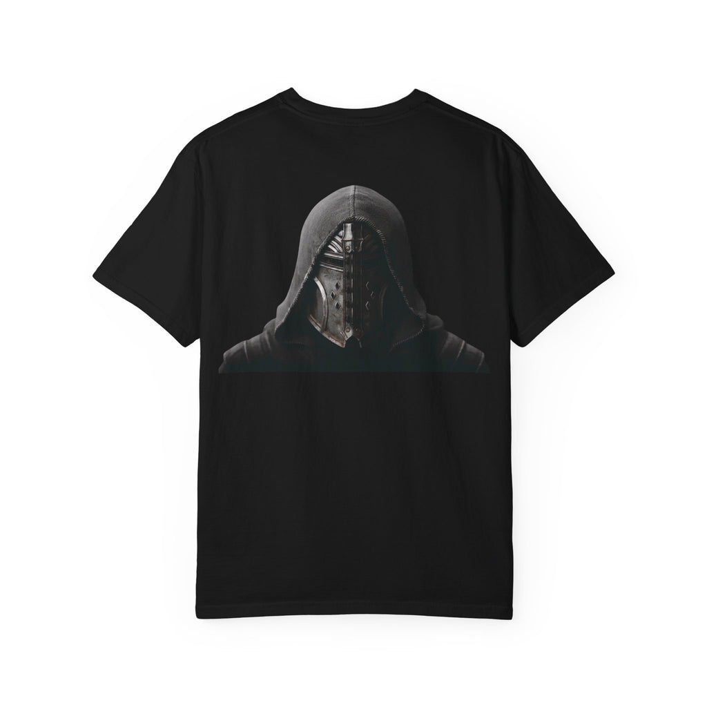 Hooded Knight Graphic T-Shirt — Dark Medieval Mask Design