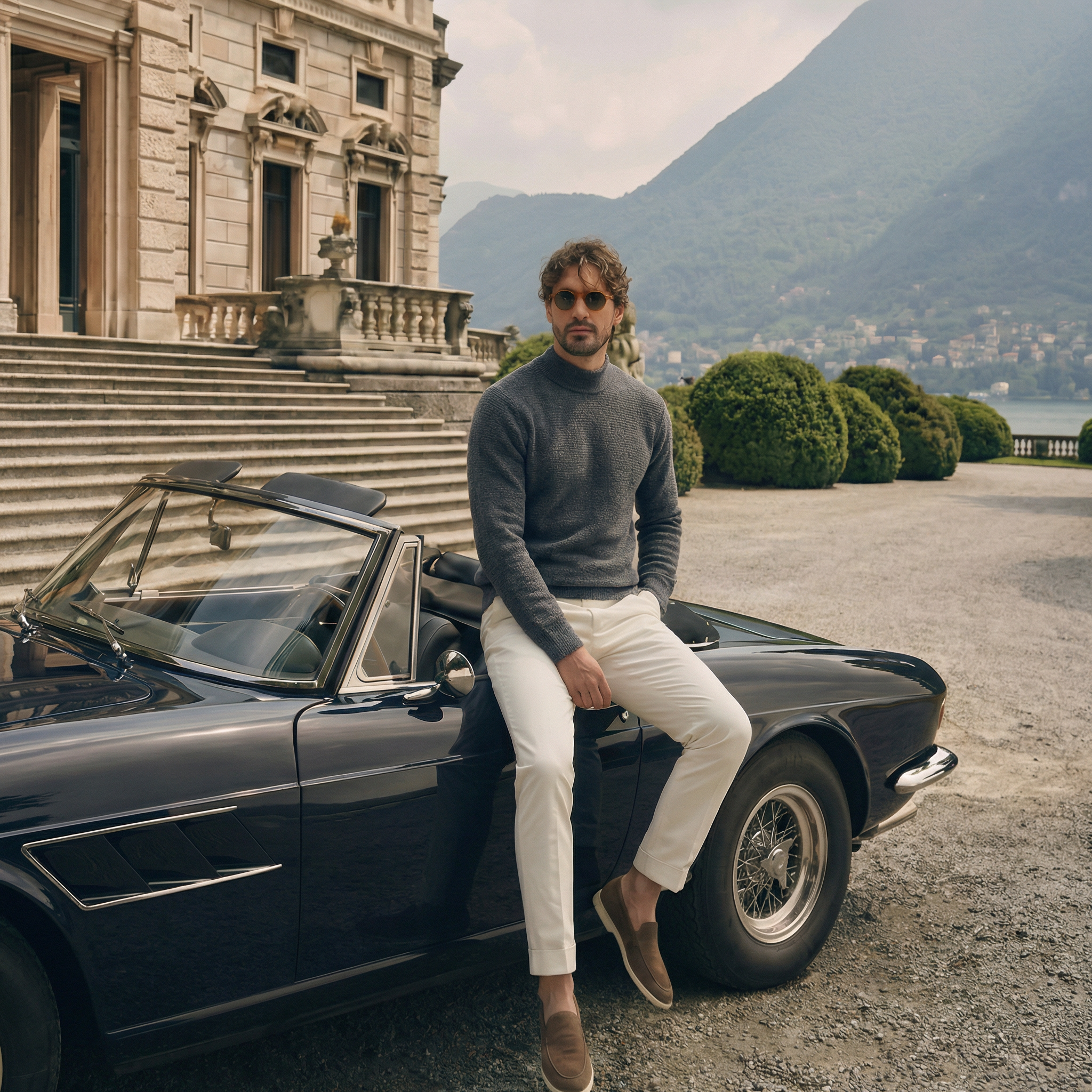 Man sitting on a classic black convertible car in front of an elegant building with mountains in the background